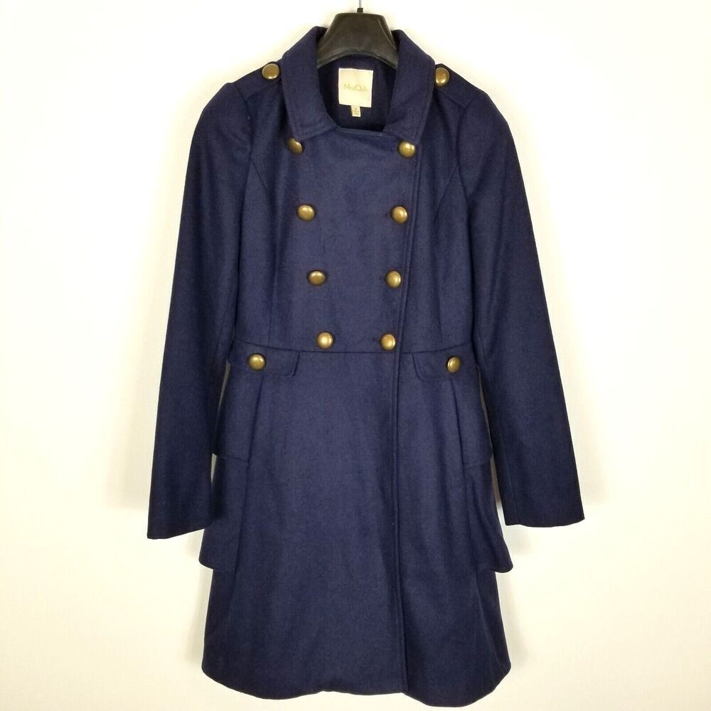 ModCloth Women Navy Ruffled Pea Coat Size S‎ Military Wool Blend